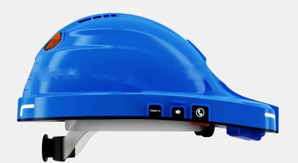 Blue SmartHat in side profile showing the hardened ABS shell