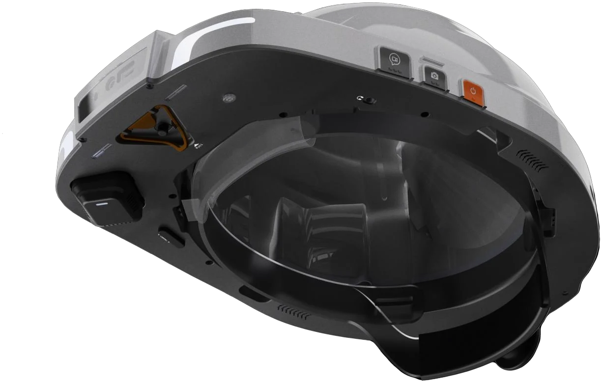 Underside of the SmartHat showing the electronics module, SOS pull tab, tracking module and controls