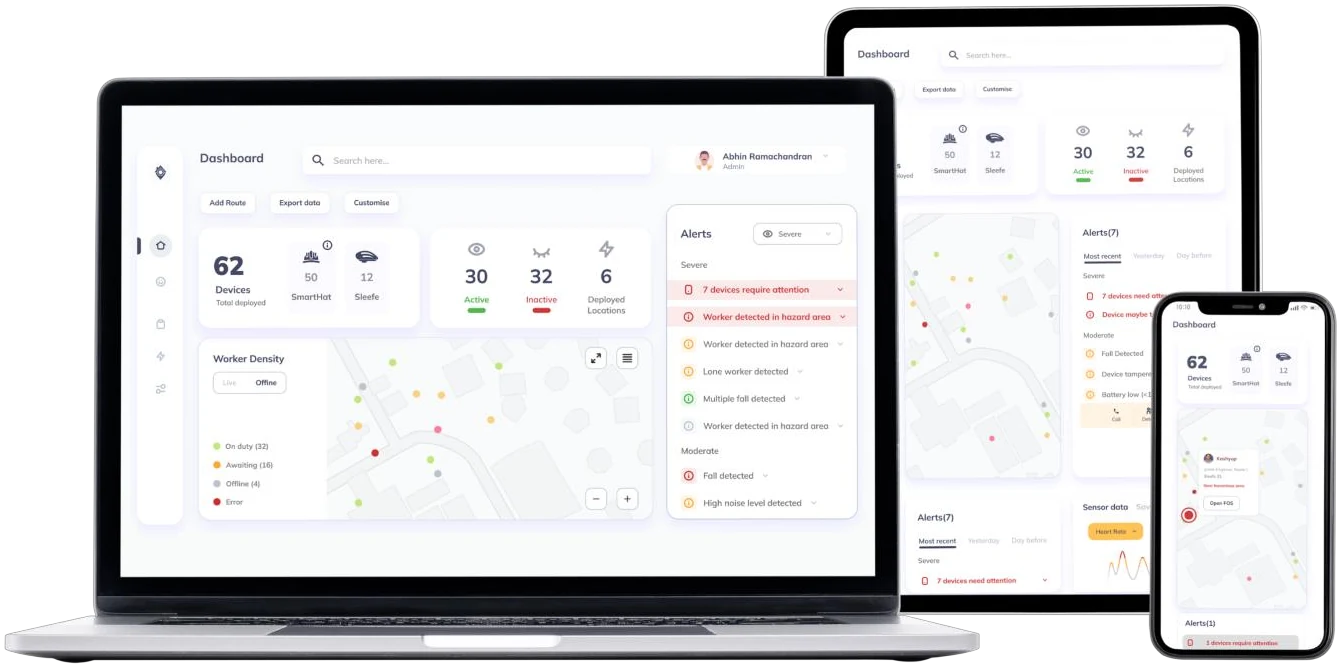 assist.live dashboard on laptop, tablet and phone showing devices, worker density map and alerts