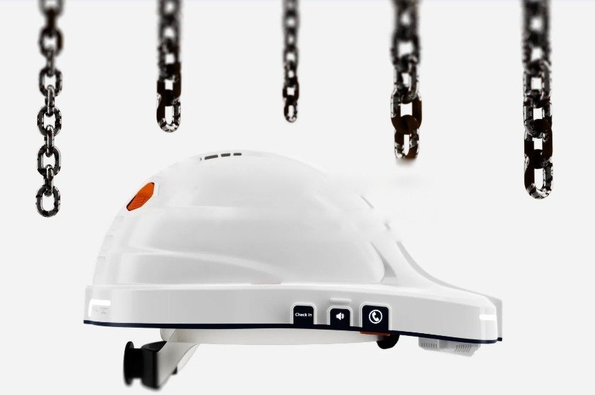 SmartHat beneath hanging chains, illustrating overhead proximity sensing