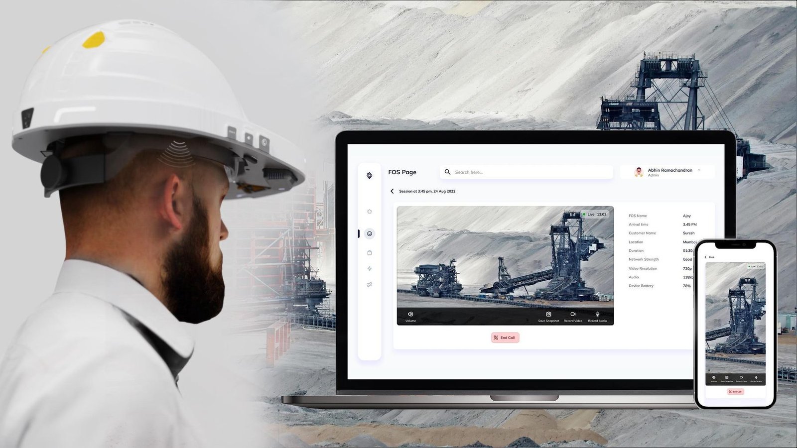 Worker in SmartHat with live video call on laptop and phone
