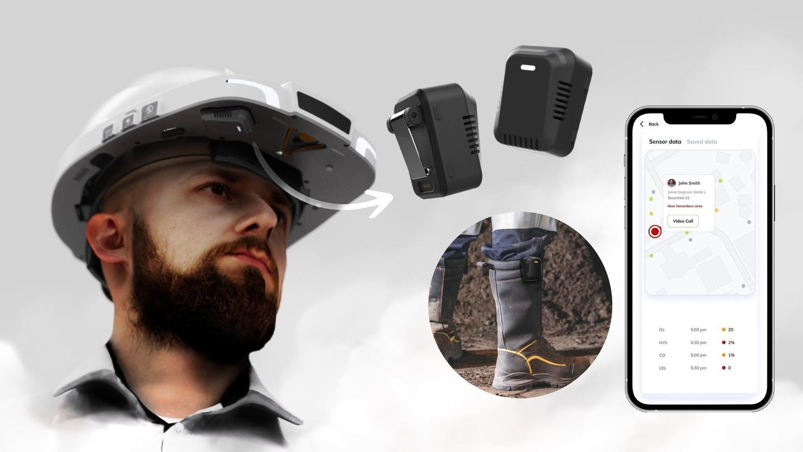 Worker in SmartHat with detachable gas sensor and mobile app readings