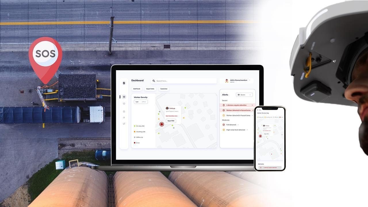 Aerial site view with SOS pin and dashboard showing alert