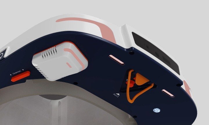 Orange emergency SOS pull switch under the helmet